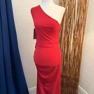 Red one shoulder ruched maxi dress with zipper back #redhot #maxidress